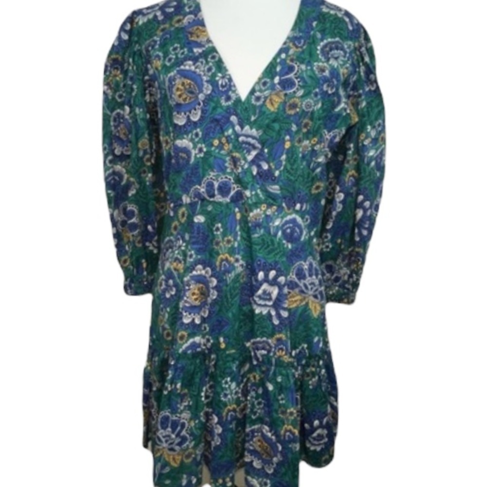Olivaceous Ruffle Mini Babydoll Dress Puff Sleeves Green Blue Floral L